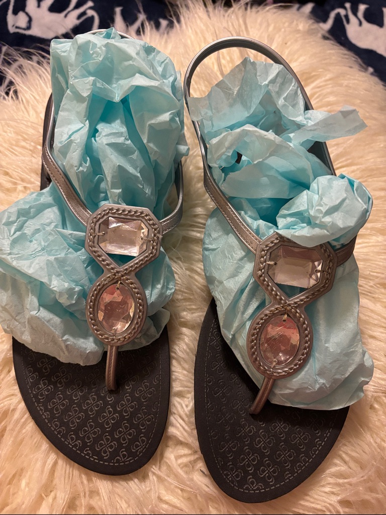 Montego Bay Club Silver T-Strap Sandals With Clear Gems